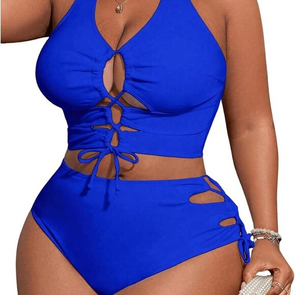 Women's Plus Size Sexy Lace Up High Waist Bikini Set in Royal Blue - Picture 1 of 5